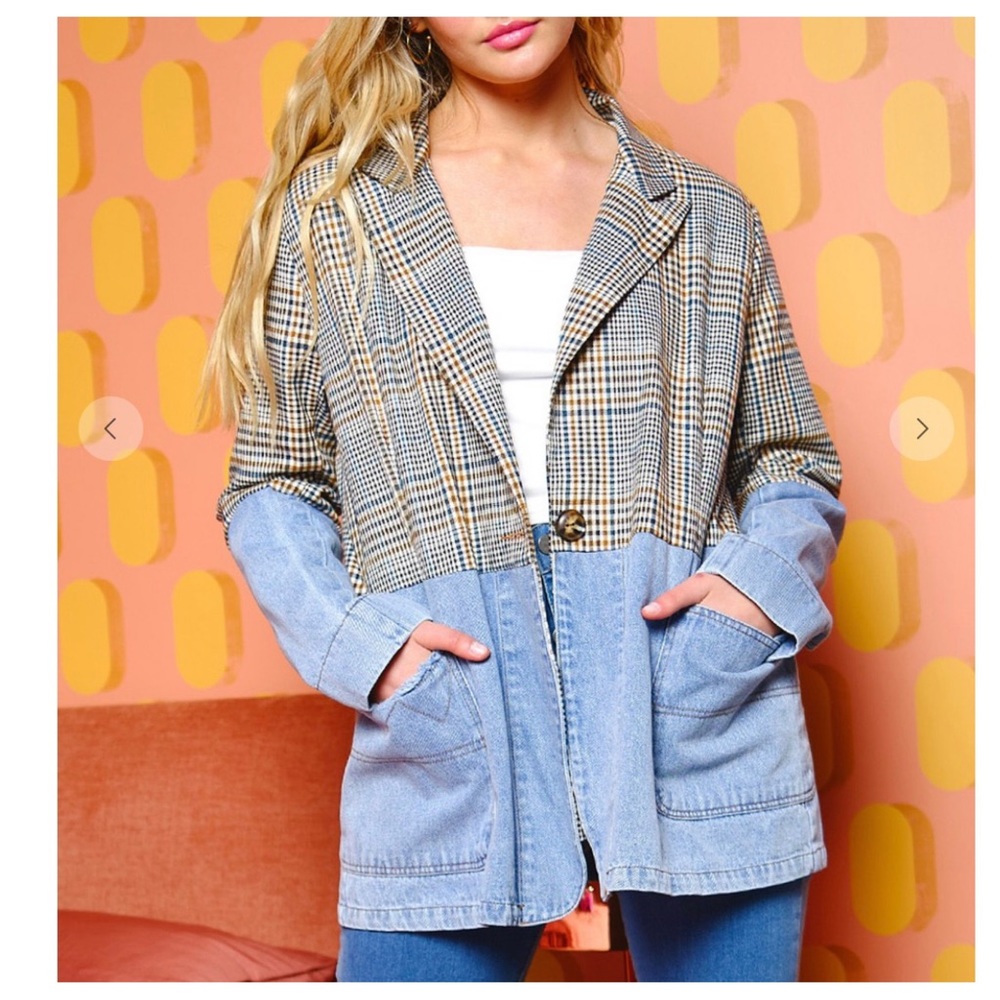 26 Fabulous Plaid and Denim Contrast Single Button Jacket - Picture 3 of 6